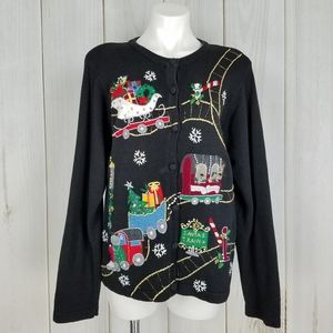 Vintage Ugly Christmas Sweater Victoria Jones Black Button-down